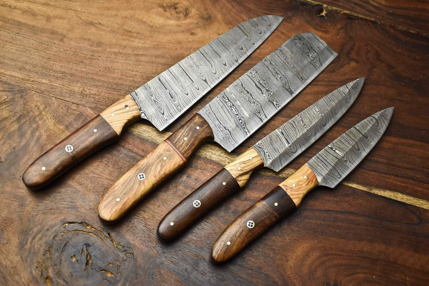 Lot of 4 Custom Handmade Damascus Steel Full Tang Chef Knives Set – 8" to 12" Razor Sharp Kitchen Blades