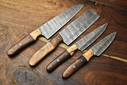 Lot of 4 Custom Handmade Damascus Steel Full Tang Chef Knives Set – 8" to 12" Razor Sharp Kitchen Blades