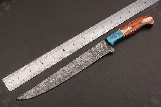 13" Damascus Fillet Knife Fire Damascus Steel Fillet Knife With Pakka Wood Handle