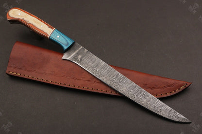 13" Damascus Fillet Knife Fire Damascus Steel Fillet Knife With Pakka Wood Handle