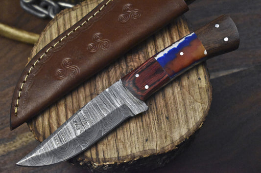 Handmade Twist Damascus Skinner Knife with Corian Handle and Wooden Bolster – 8" EDC Hunting Blade