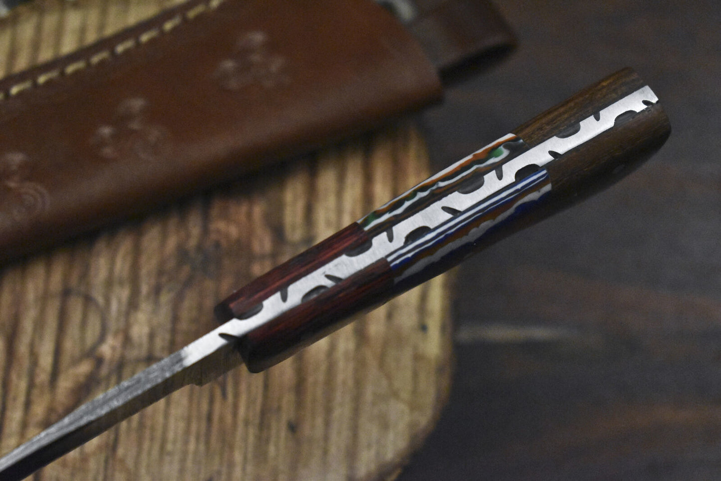 Handmade Twist Damascus Skinner Knife with Corian Handle and Wooden Bolster – 8" EDC Hunting Blade
