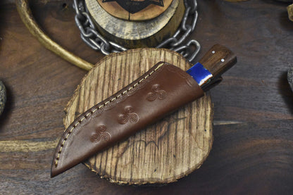 Handmade Twist Damascus Skinner Knife with Corian Handle and Wooden Bolster – 8" EDC Hunting Blade