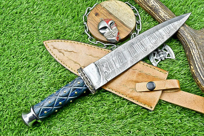 13.5" Damascus Steel Dagger Bowie Knife – Handmade Wood Handle & Sheath