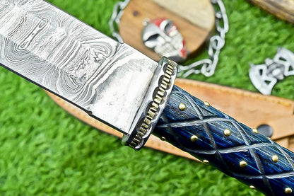 13.5" Damascus Steel Dagger Bowie Knife – Handmade Wood Handle & Sheath