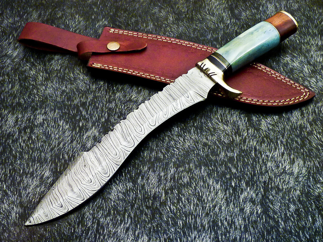 14" Hand Forged Damascus Hunting Bowie Knife | Camel Bone Handle