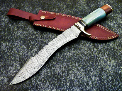 14" Hand Forged Damascus Hunting Bowie Knife | Camel Bone Handle