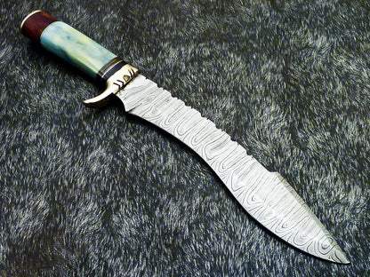 14" Hand Forged Damascus Hunting Bowie Knife | Camel Bone Handle