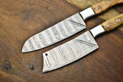 Lot of 2 Handmade Damascus Steel Chef Knives | Full Tang Cutlery Set