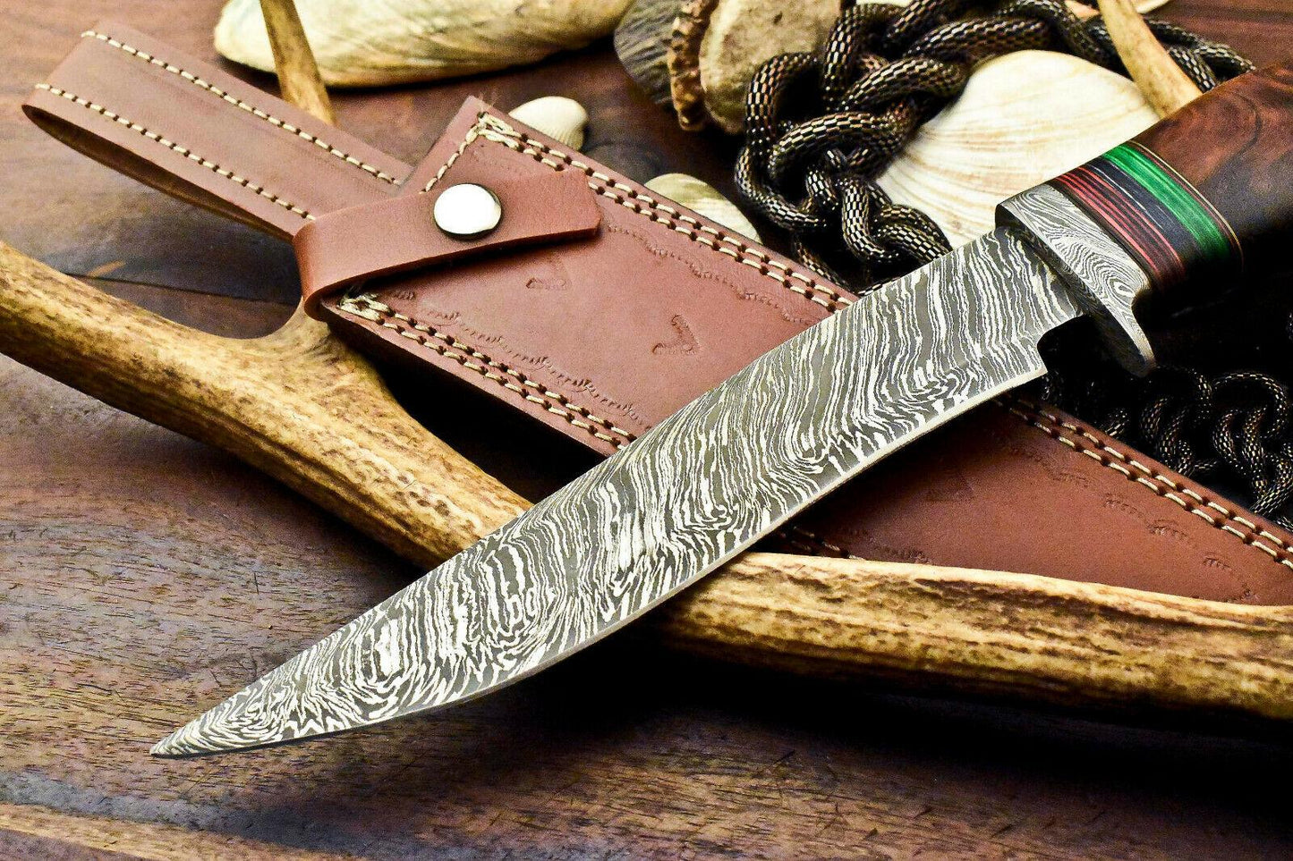 14" Handmade Damascus Bowie Knife | Walnut Wood Handle