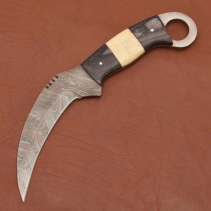 Handmade Damascus Karambit 9" Damascus Steel Karambit Knife with Bone & Wood Handle