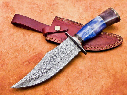 12" Handmade Damascus Bowie Knife – Camel Bone Handle & 7" Blade