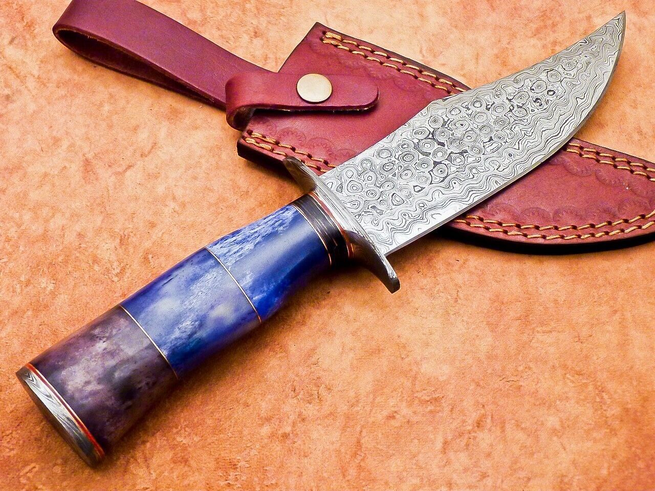 12" Handmade Damascus Bowie Knife – Camel Bone Handle & 7" Blade