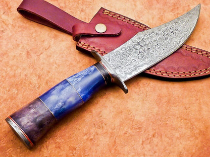 12" Handmade Damascus Bowie Knife – Camel Bone Handle & 7" Blade