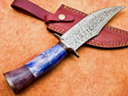 12" Handmade Damascus Bowie Knife – Camel Bone Handle & 7" Blade