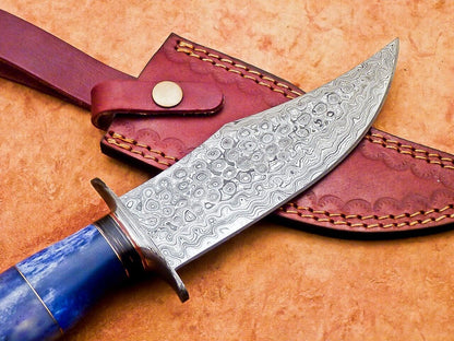 12" Handmade Damascus Bowie Knife – Camel Bone Handle & 7" Blade
