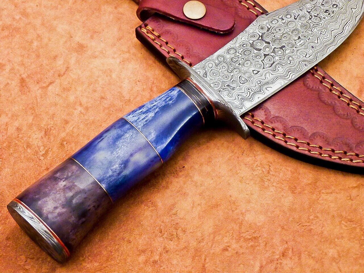 12" Handmade Damascus Bowie Knife – Camel Bone Handle & 7" Blade