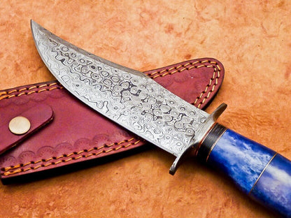 12" Handmade Damascus Bowie Knife – Camel Bone Handle & 7" Blade