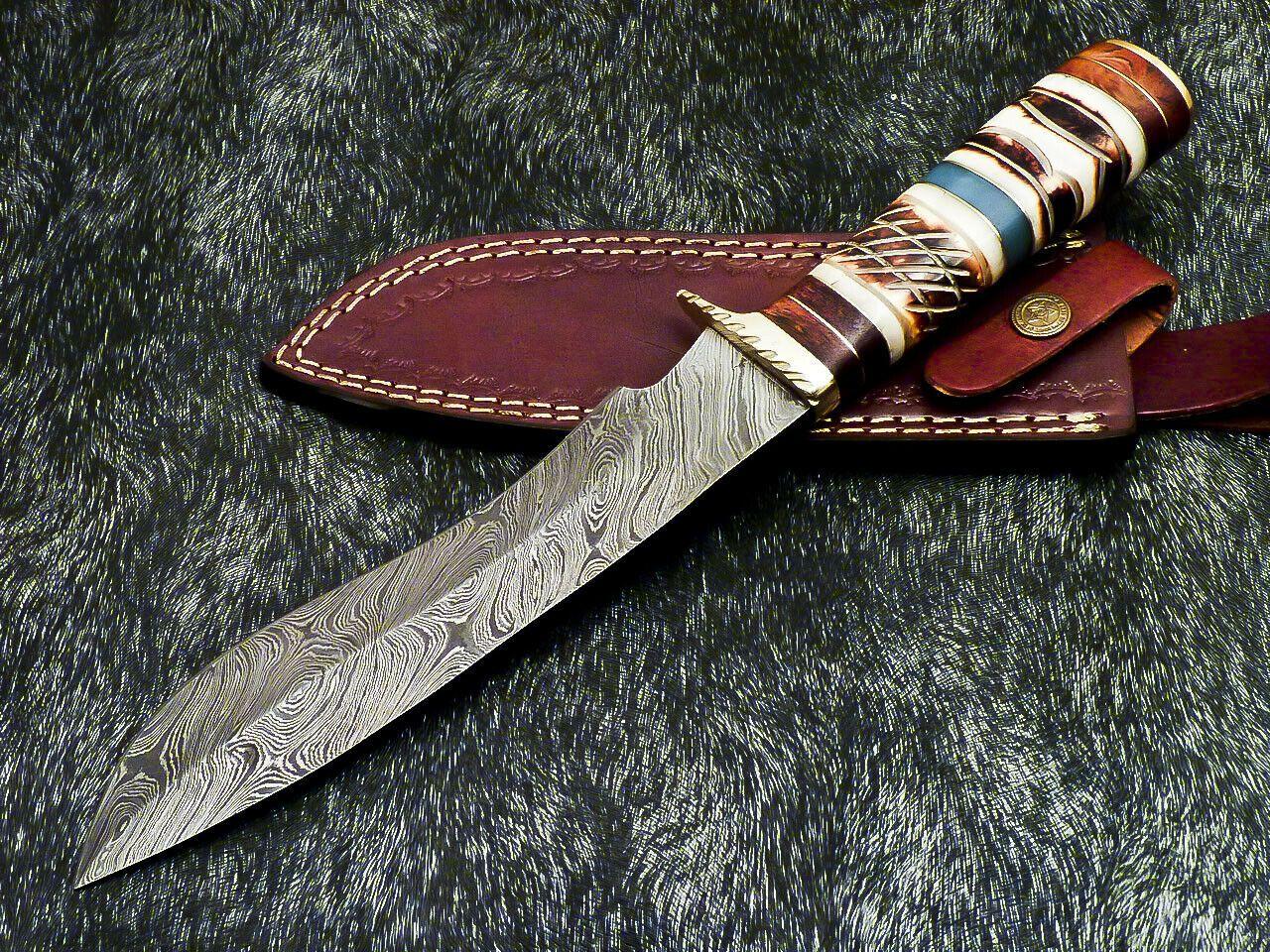 The Dune Sovereign: 13" Hand-Forged Damascus Bowie with Camel Bone Elegance