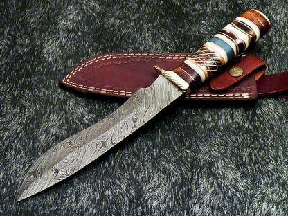 The Dune Sovereign: 13" Hand-Forged Damascus Bowie with Camel Bone Elegance