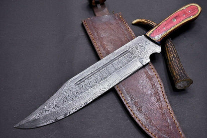 15" Damascus Steel Bowie Knife with Mosaic Pin & Multi-Color Wood Handle