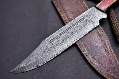 15" Damascus Steel Bowie Knife with Mosaic Pin & Multi-Color Wood Handle
