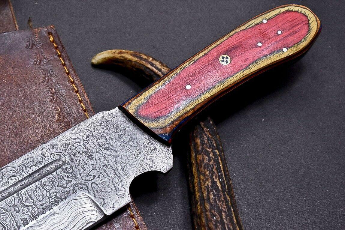 15" Damascus Steel Bowie Knife with Mosaic Pin & Multi-Color Wood Handle