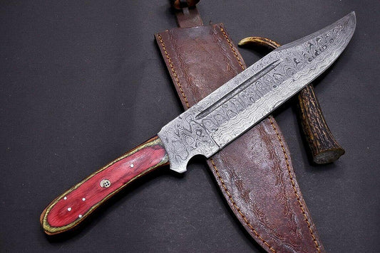 15" Hand Forged Bowie Damascus Steel Knife with Multi Color Wood Handle & Leather Sheath
