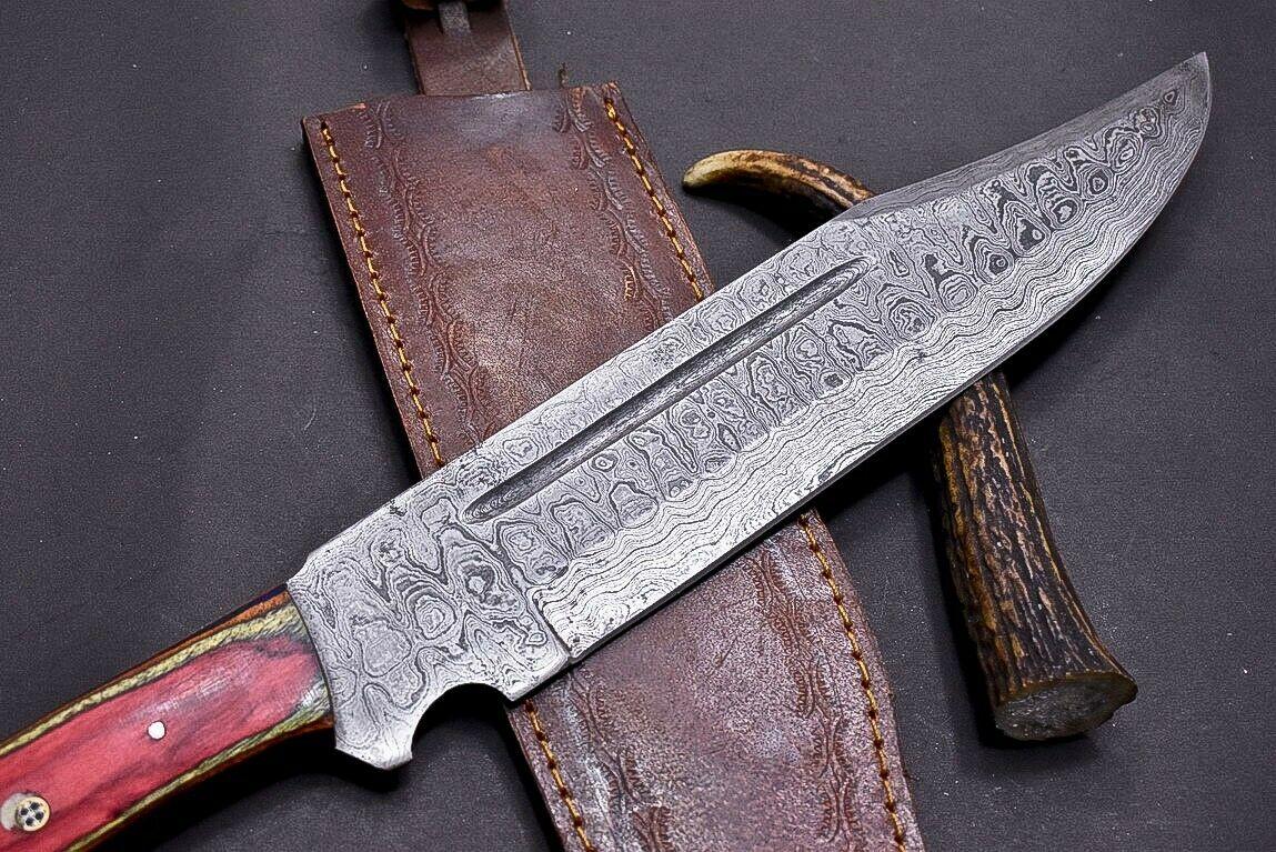 15" Damascus Steel Bowie Knife with Mosaic Pin & Multi-Color Wood Handle