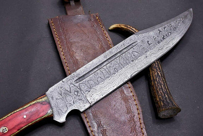 15" Damascus Steel Bowie Knife with Mosaic Pin & Multi-Color Wood Handle