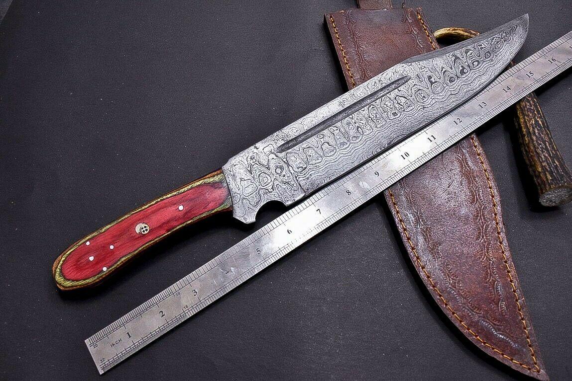 15" Damascus Steel Bowie Knife with Mosaic Pin & Multi-Color Wood Handle