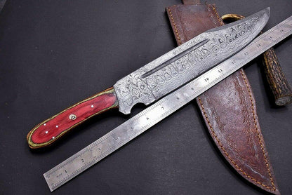15" Damascus Steel Bowie Knife with Mosaic Pin & Multi-Color Wood Handle
