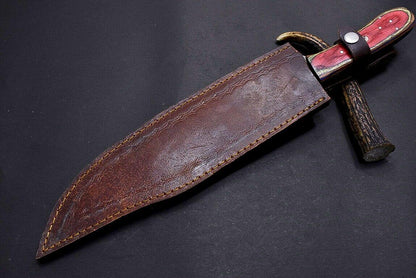 15" Damascus Steel Bowie Knife with Mosaic Pin & Multi-Color Wood Handle