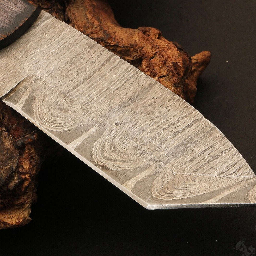 Heritage Forge Fire Damascus Steel Tanto Knife with Camel Bone and Wood Handle