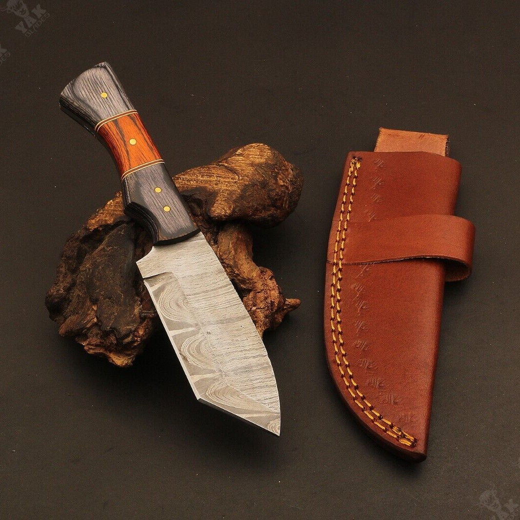 Heritage Forge Fire Damascus Steel Tanto Knife with Camel Bone and Wood Handle
