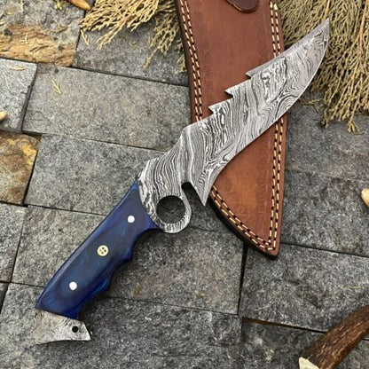12" Damascus Bowie Cleaver Knife – Stain Wood Handle & Leather Sheath