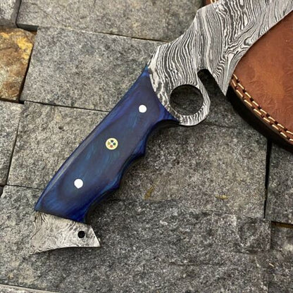 12" Damascus Bowie Cleaver Knife – Stain Wood Handle & Leather Sheath