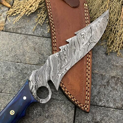 12" Damascus Bowie Cleaver Knife – Stain Wood Handle & Leather Sheath