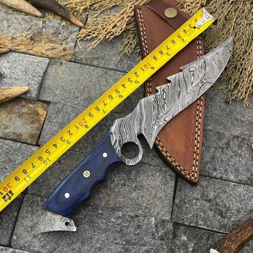 12" Damascus Bowie Cleaver Knife – Stain Wood Handle & Leather Sheath