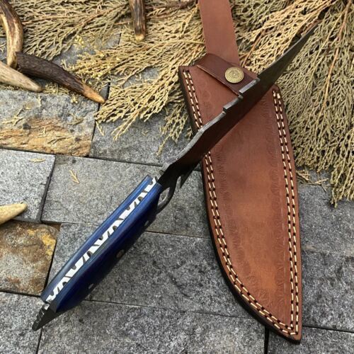 12" Damascus Bowie Cleaver Knife – Stain Wood Handle & Leather Sheath