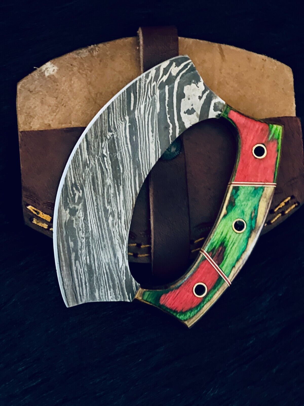 5.5" Custom Handmade Twist Damascus Ulu Bowie Knife – Camel Bone & Wood Handle