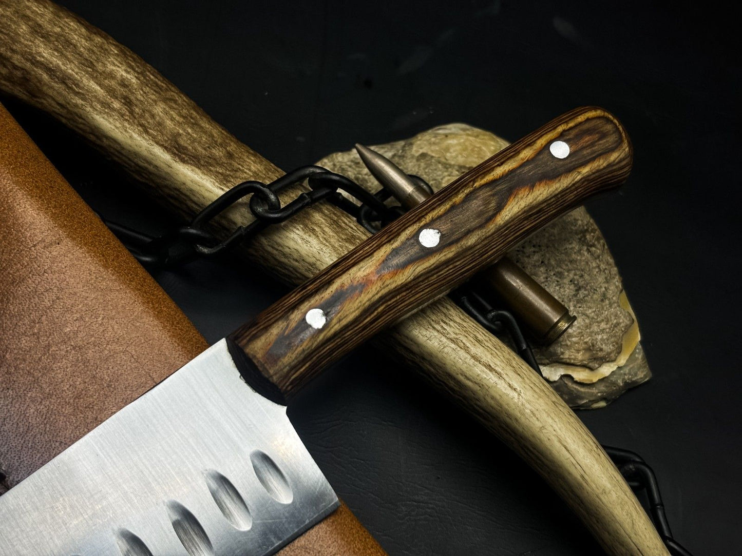 Handmade J2 Steel Chef Knife with Wood Handle & Cow Leather Sheath – Full Tang