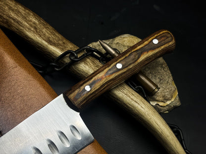 Handmade J2 Steel Chef Knife with Wood Handle & Cow Leather Sheath – Full Tang