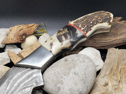 14" Handmade Damascus Survival Bowie Knife – Stag Antler Handle & Leather Sheath