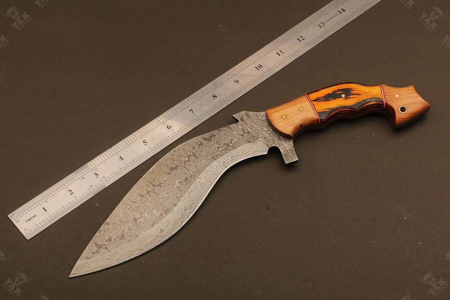 14" Handmade Raindrop Damascus Steel Kukri Hunting Knife – Natural Wood & Brass Handle