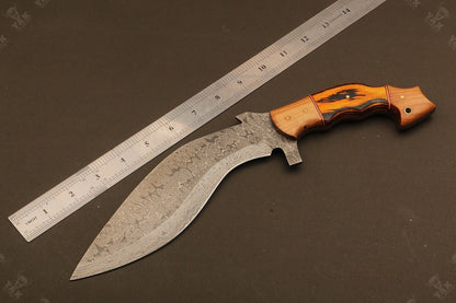 14" Handmade Raindrop Damascus Steel Kukri Hunting Knife – Natural Wood & Brass Handle