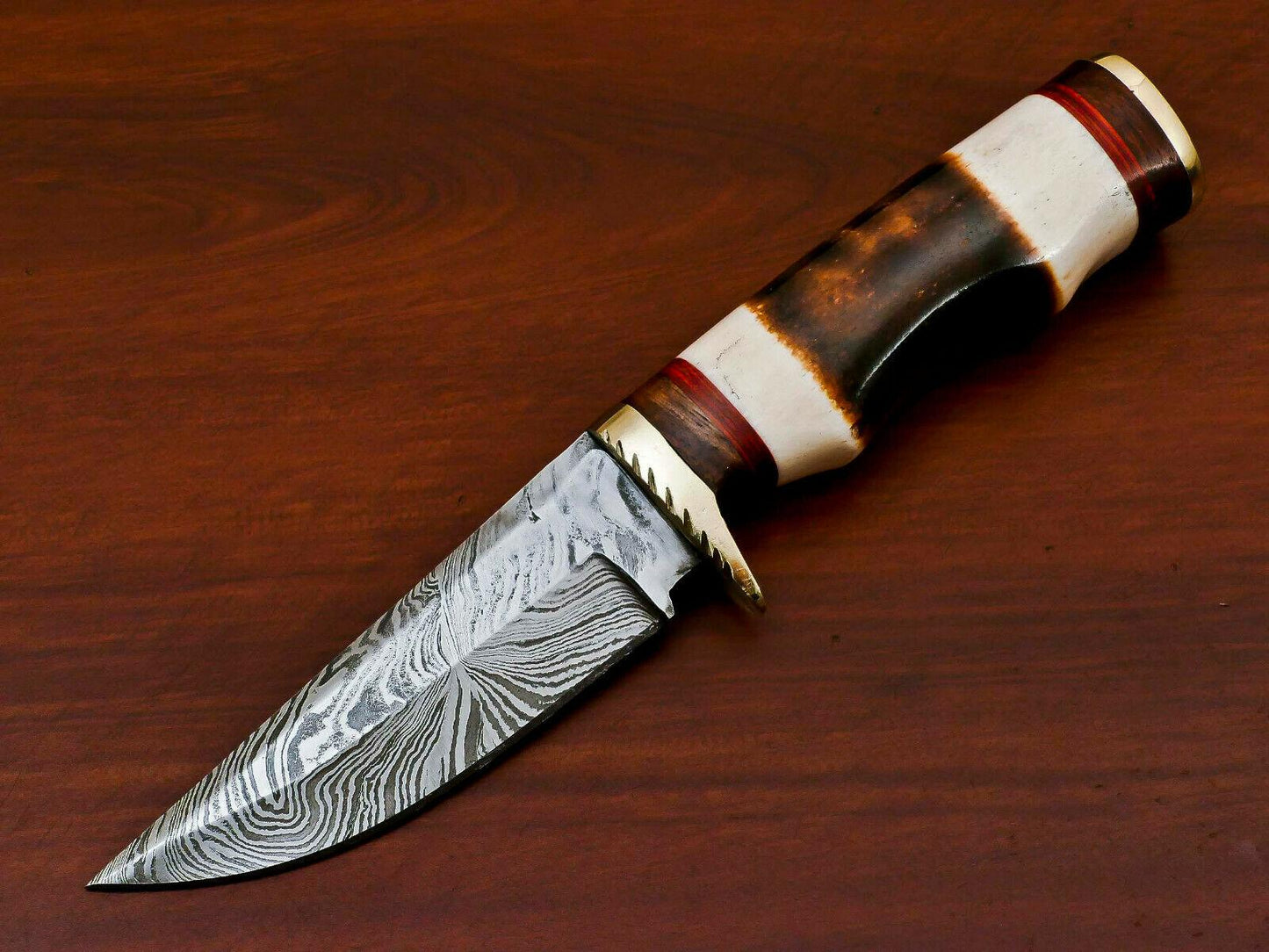 Handmade Damascus Custom Burn Camel Bone & Wood Bowie Hunting Knife – 8" Hunting Knife with Brass Guard