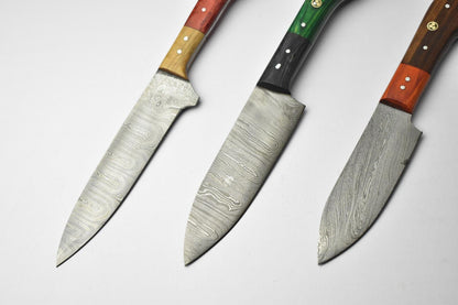 Lot of 3 Custom Handmade Damascus Steel Chef Knives – Full Tang Kitchen Knife Set