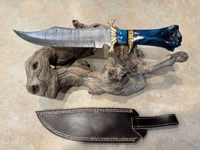 Heritage Forge Extra Large Damascus Steel Bowie Knife with Blue Bone Handle and Leather Sheath – A72