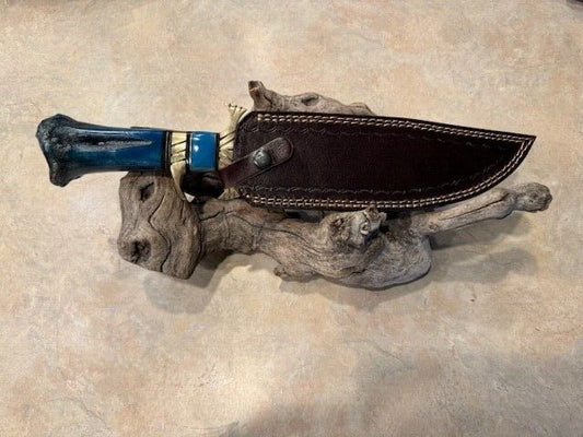 Heritage Forge Extra Large Damascus Steel Bowie Knife with Blue Bone Handle and Leather Sheath – A72